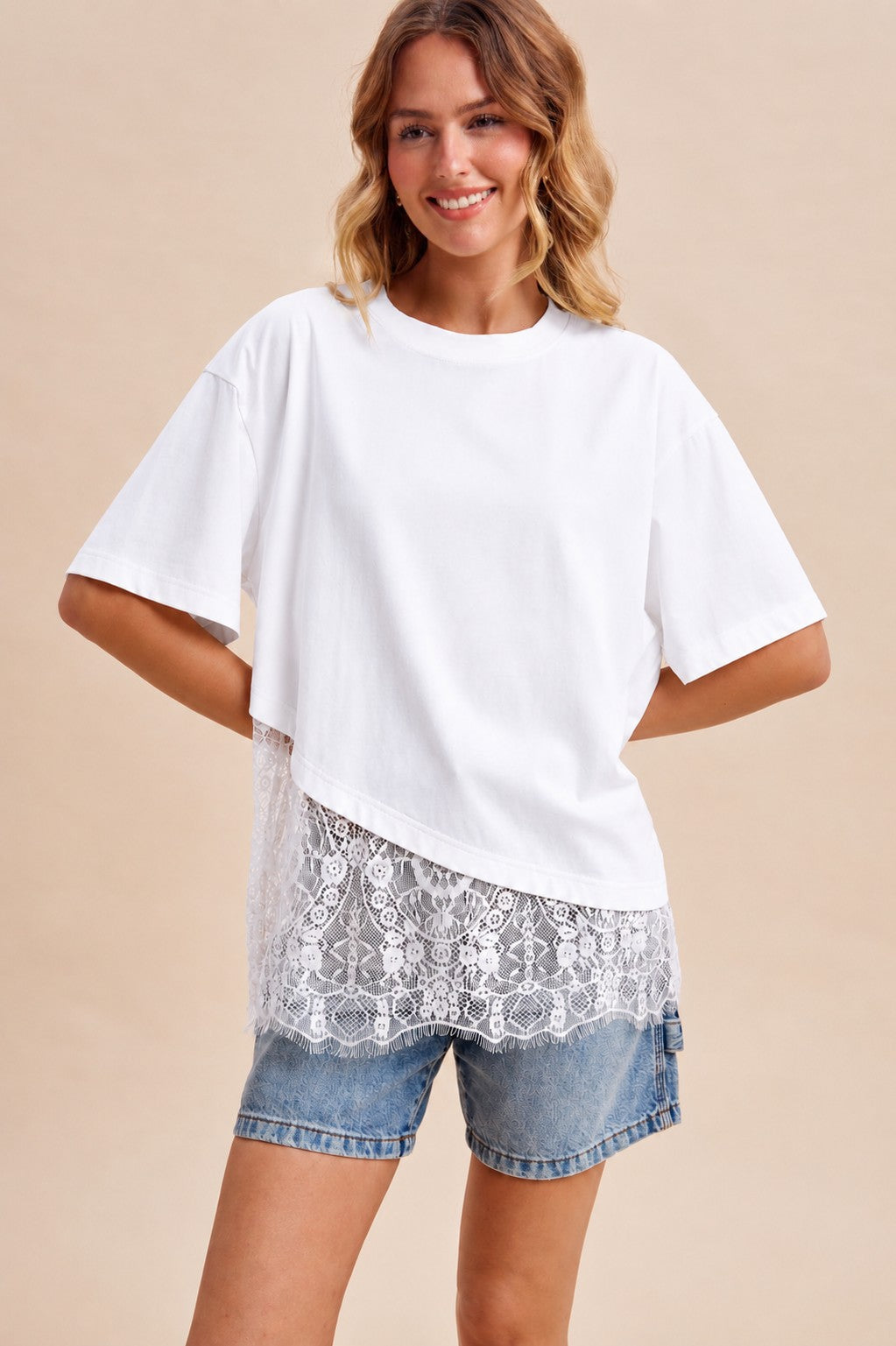 'On Your Side' Ivory Asymmetric Lace Trim Top