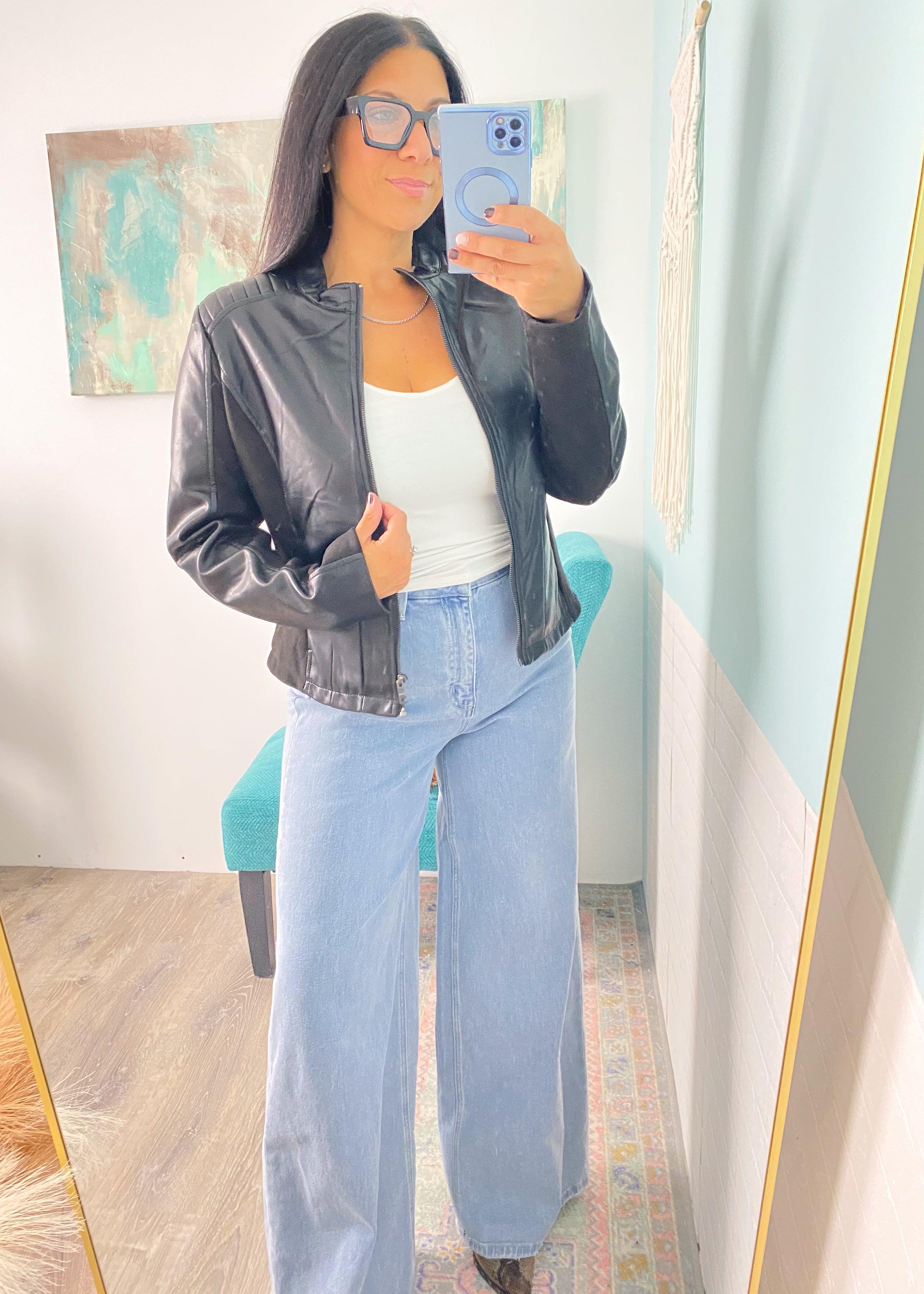 Black Faux Leather Jacket with Suede Insert