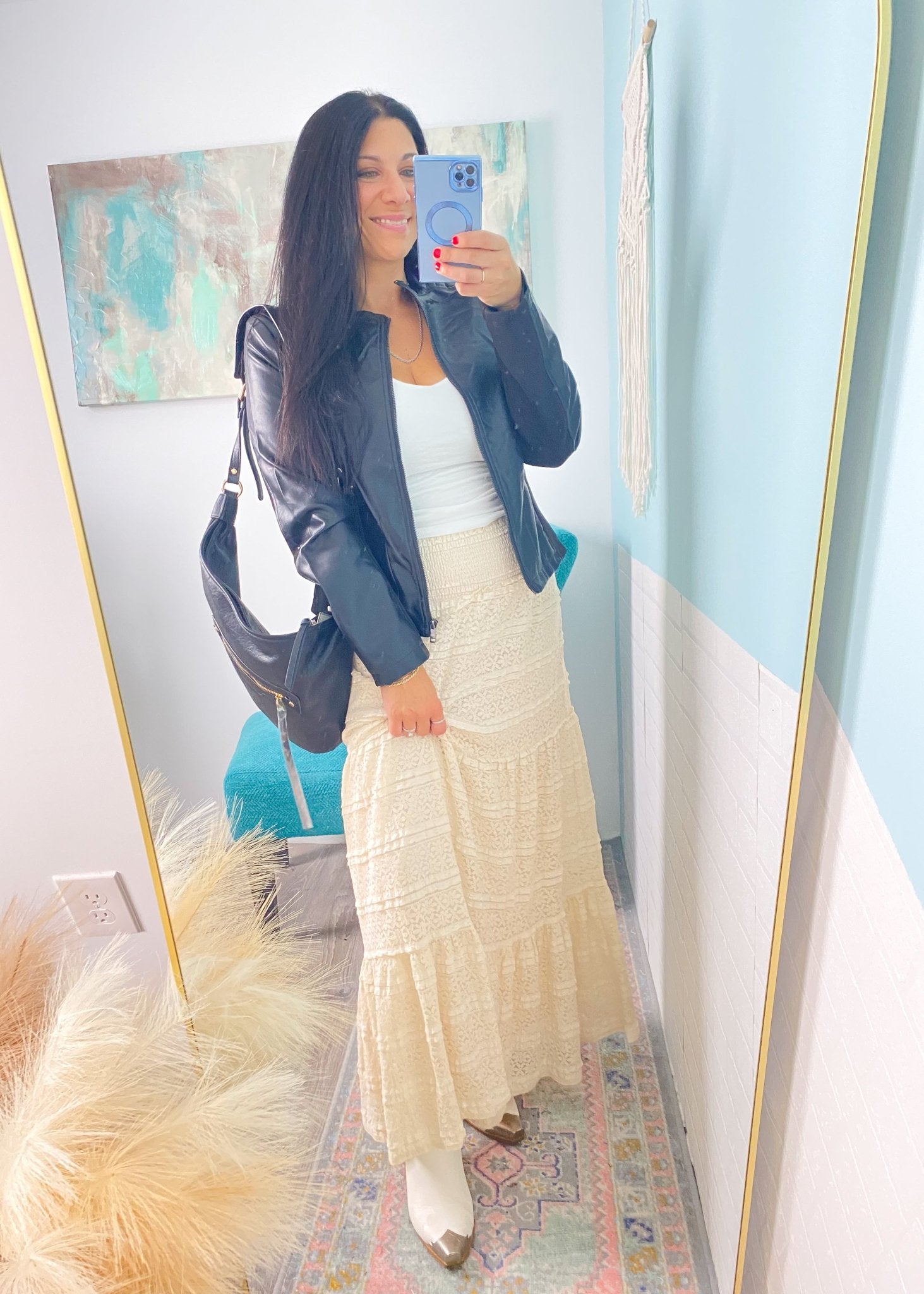 Black Faux Leather Jacket with Suede Insert