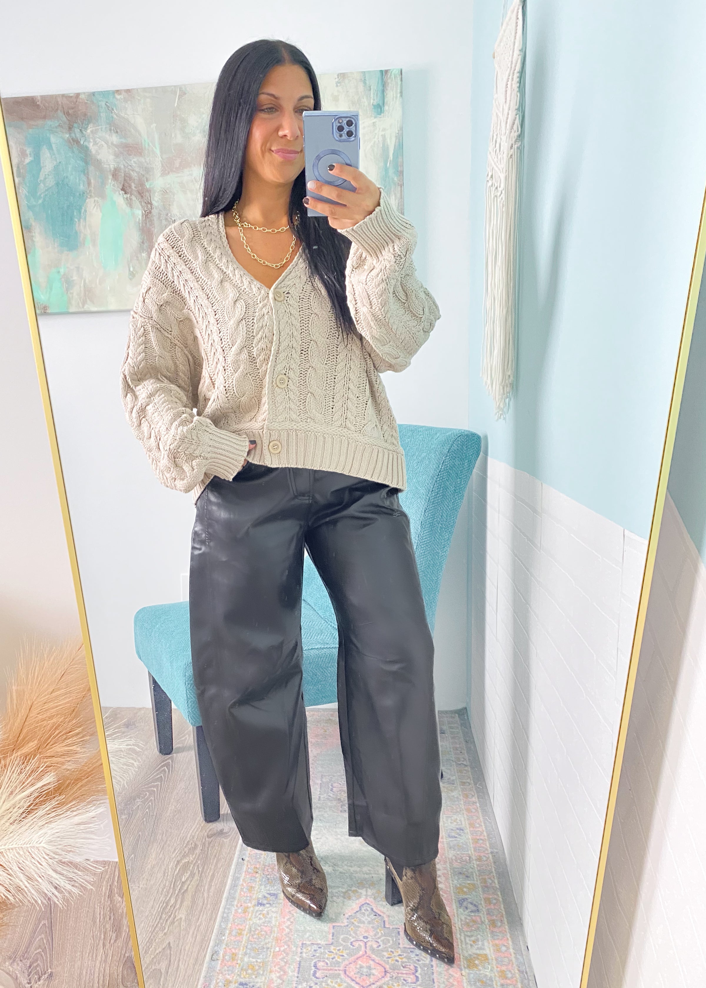 Black Faux Leather Slim Barrel Pants