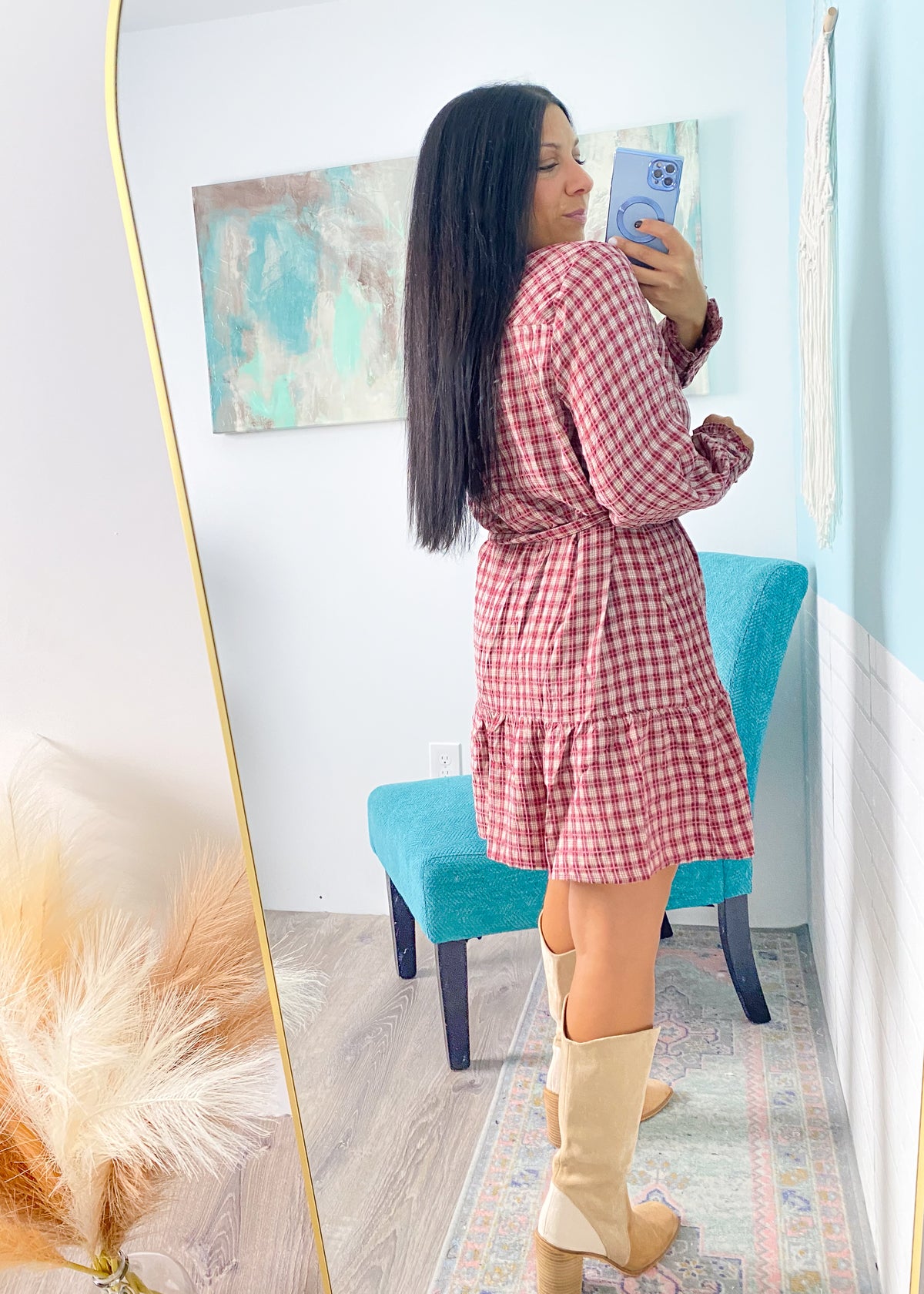 Burgundy Plaid Ruffle Trim Dress