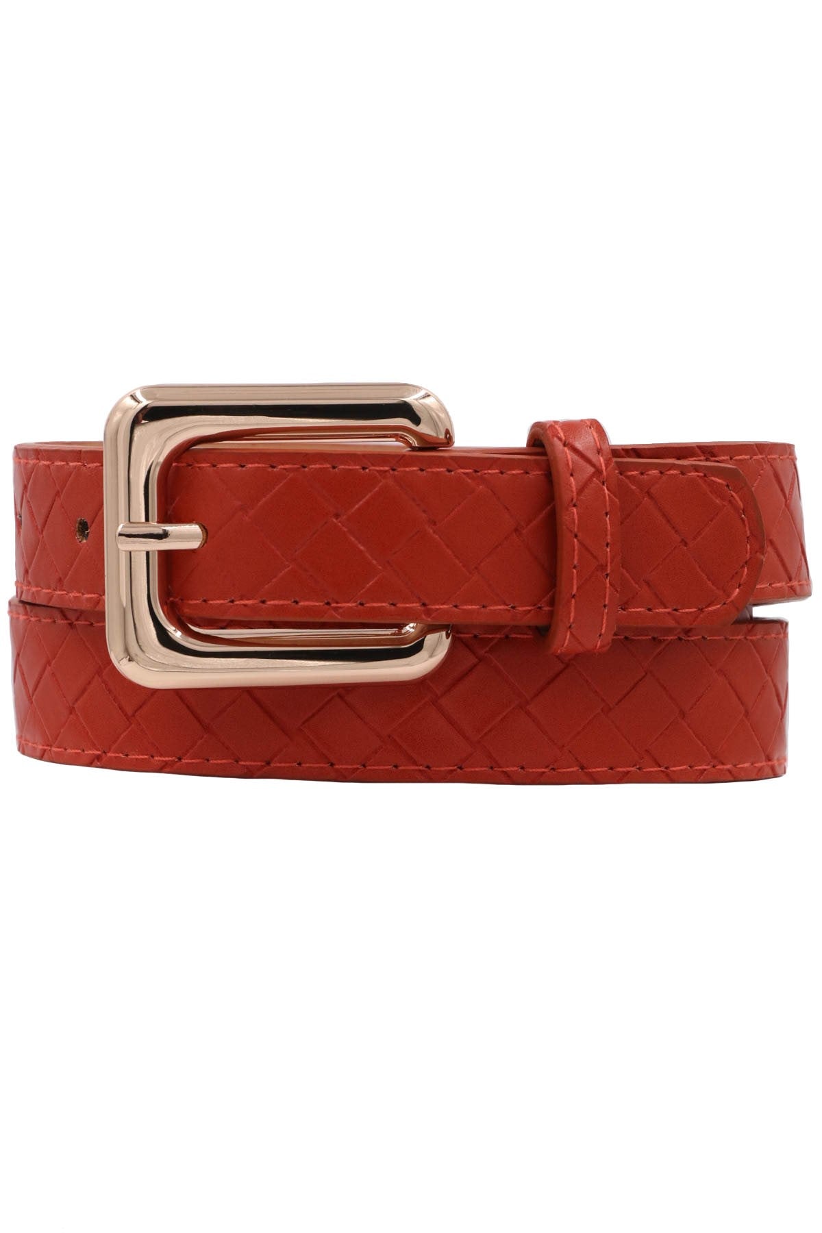 Burnt Orange Weave Pattern Faux Leather Belt-Cali Moon Boutique, Plainville Connecticut