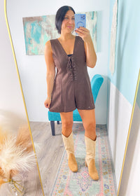 Dark Chocolate Brown Faux Suede Lace Front Studded Romper