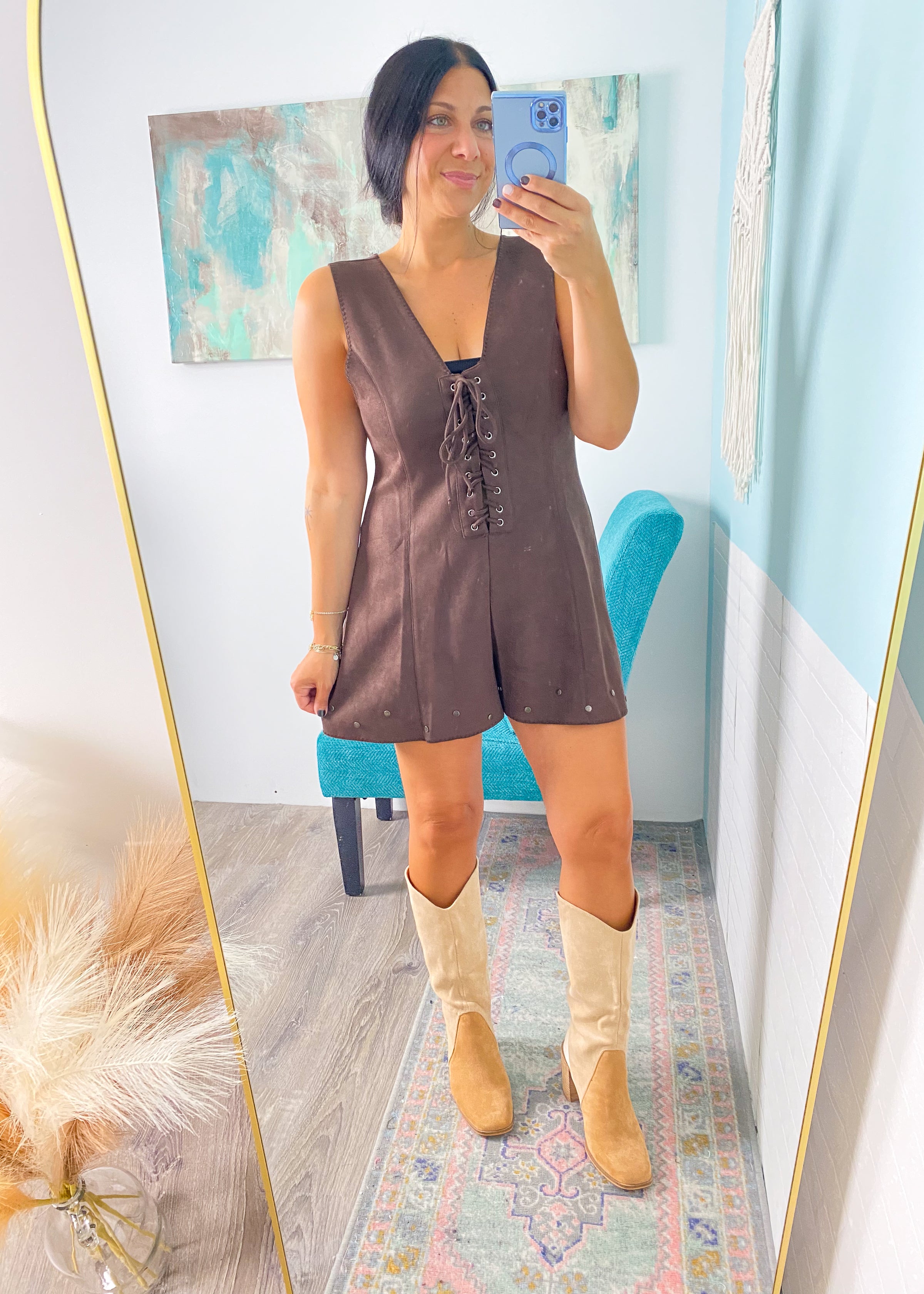 Dark Chocolate Brown Faux Suede Lace Front Studded Romper