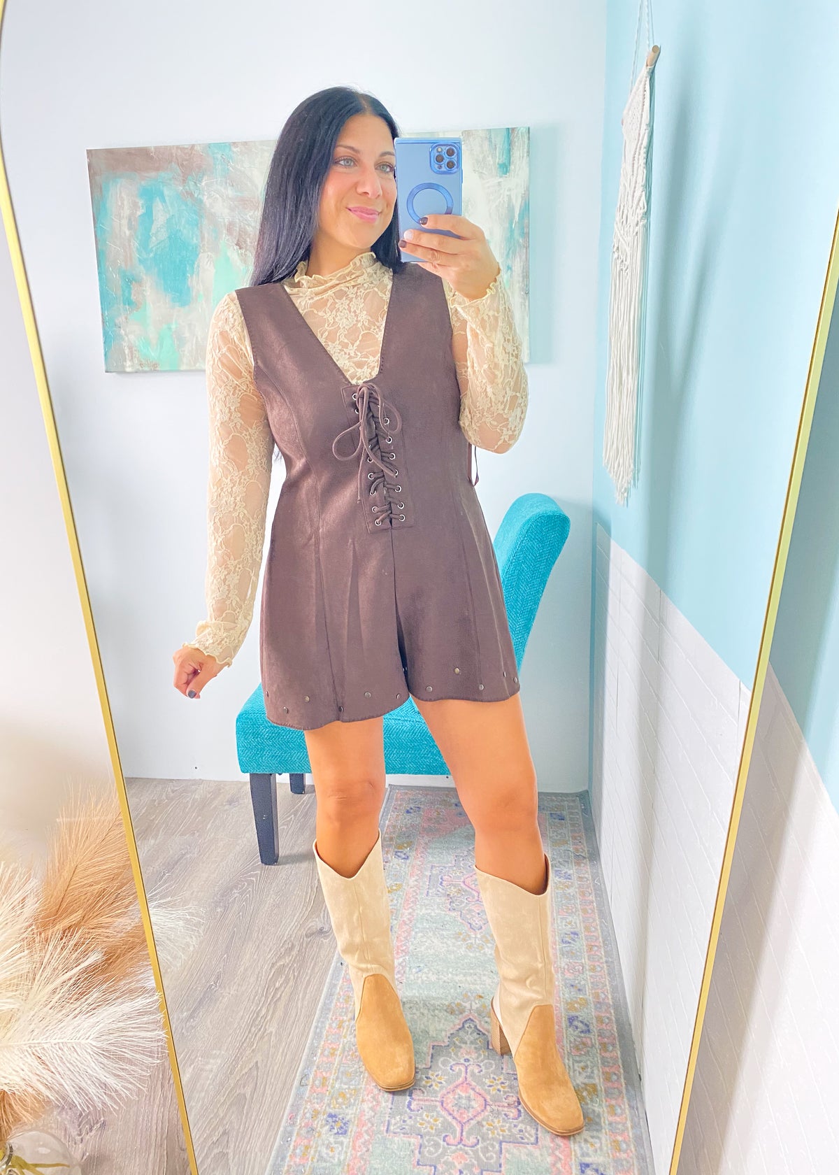  Dark Chocolate Brown Faux Suede Lace Front Studded Romper