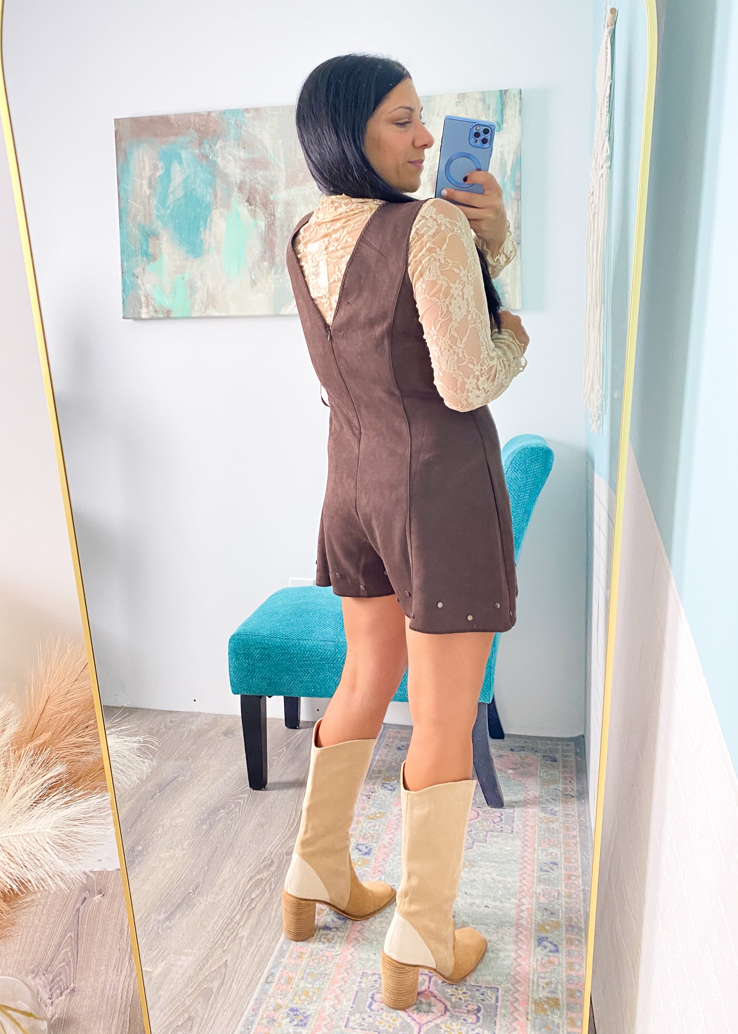  Dark Chocolate Brown Faux Suede Lace Front Studded Romper