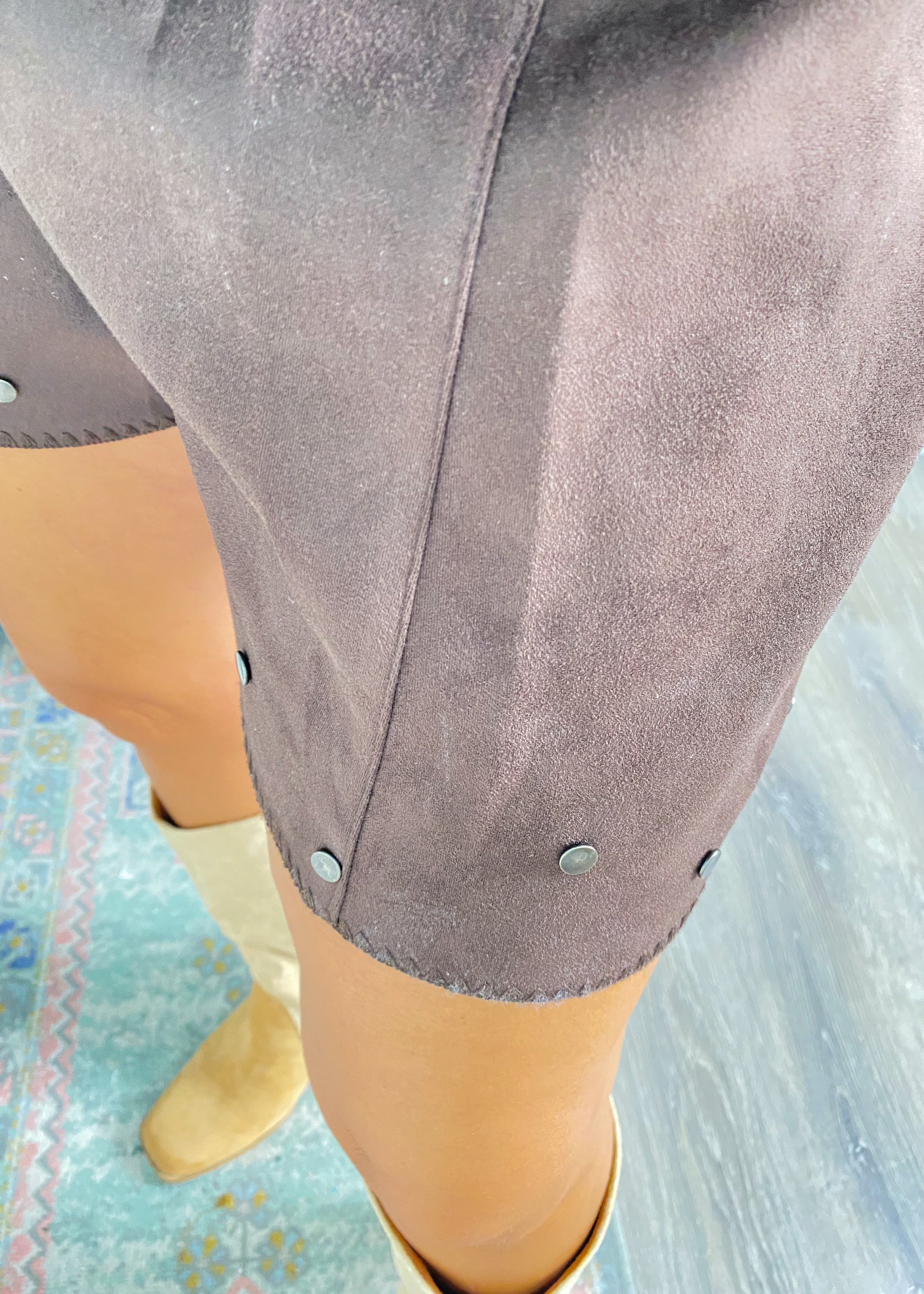  Dark Chocolate Brown Faux Suede Lace Front Studded Romper