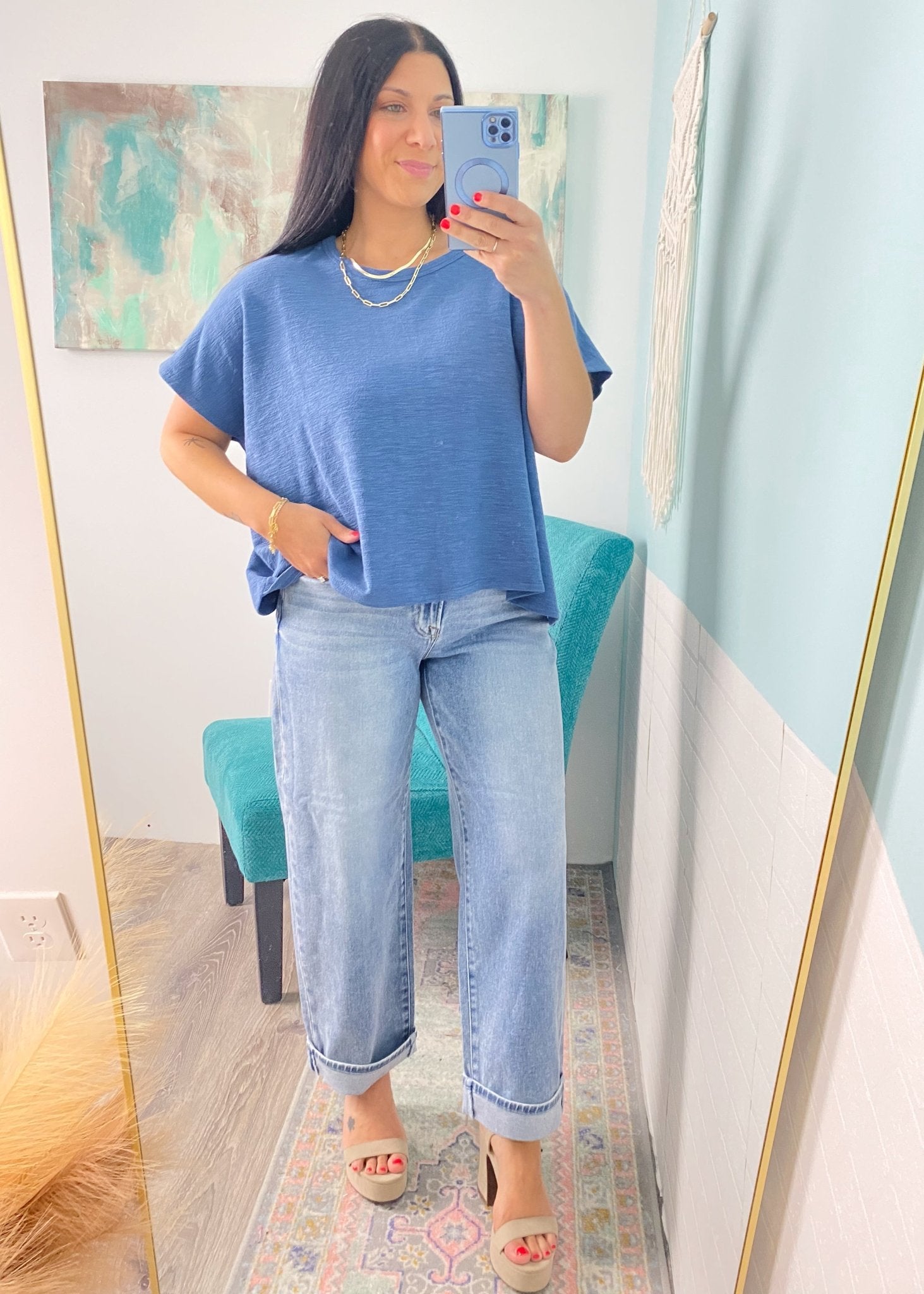 'Dani' Dusty Blue Textured Slouchy Top - Cali Moon Boutique