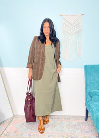'Gina' Light Olive Ruched Front Midi Dress
