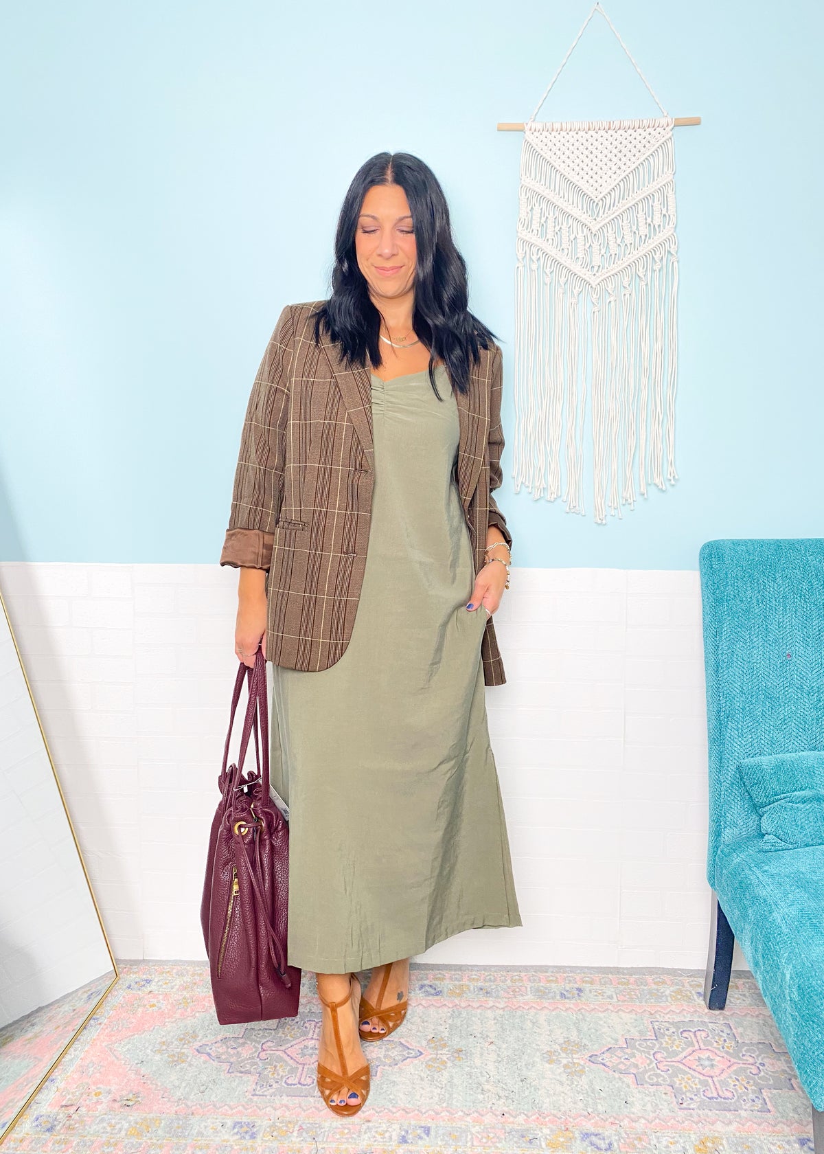 'Gina' Light Olive Ruched Front Midi Dress
