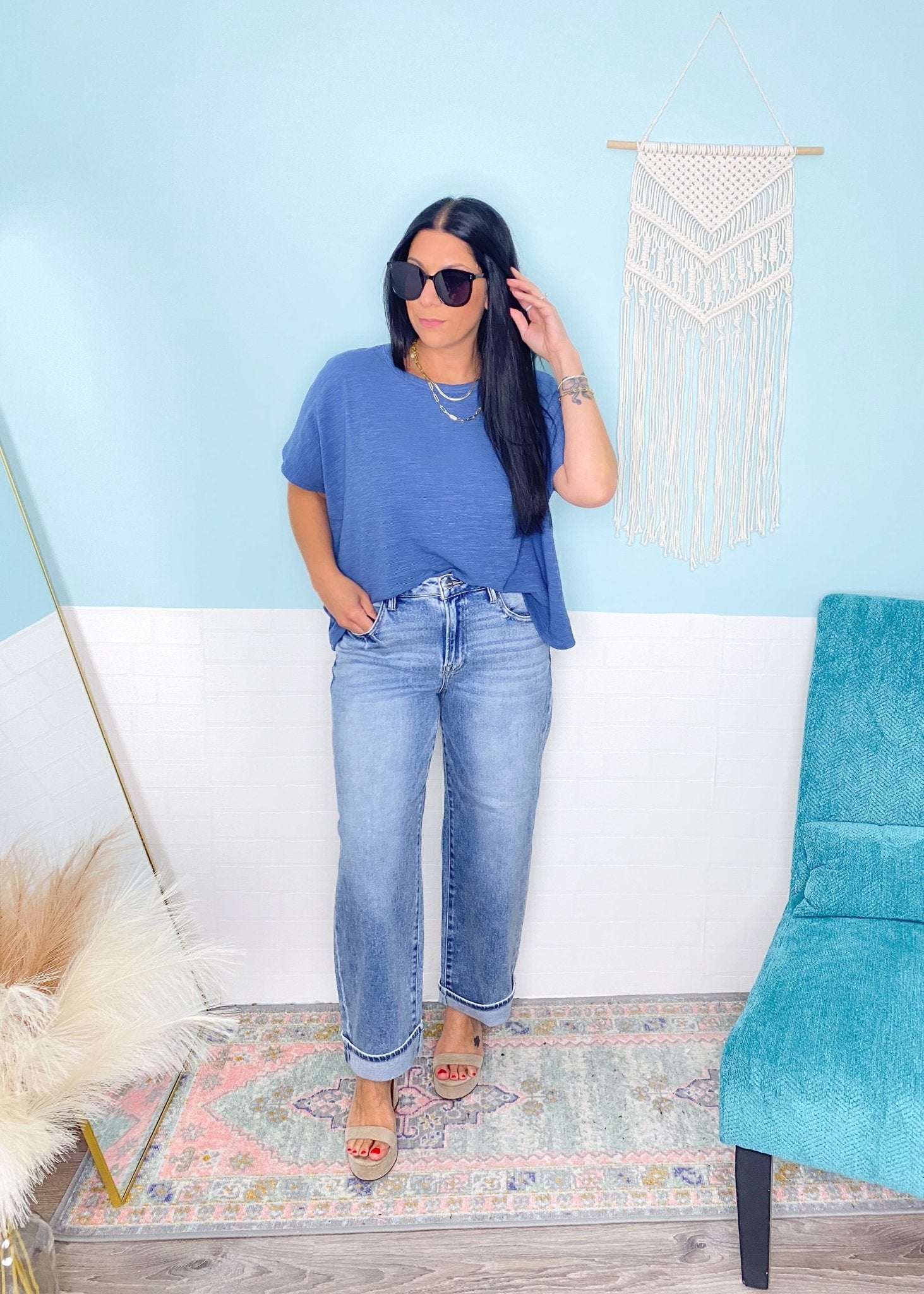 'Dani' Dusty Blue Textured Slouchy Top - Cali Moon Boutique