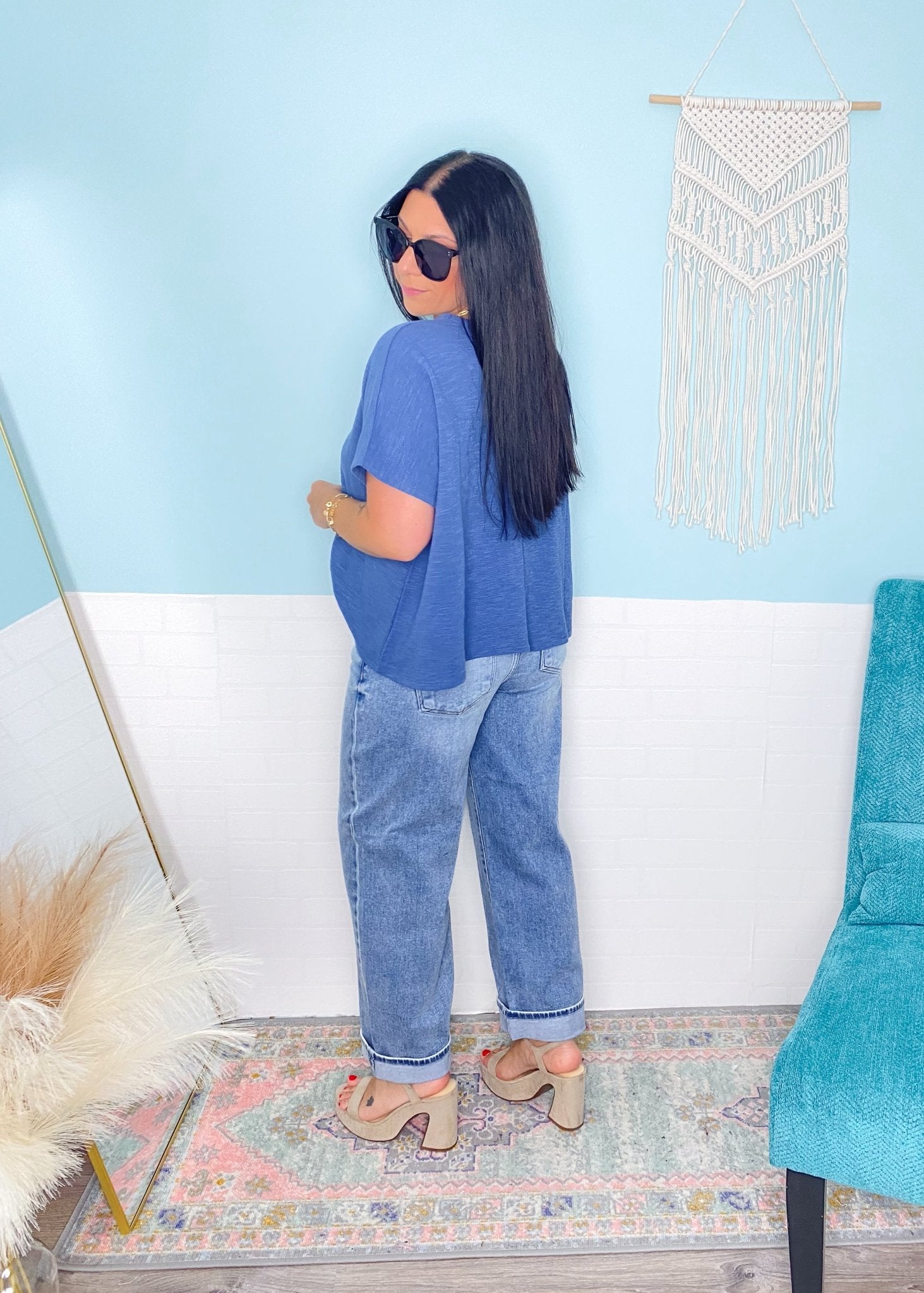 'Dani' Dusty Blue Textured Slouchy Top - Cali Moon Boutique