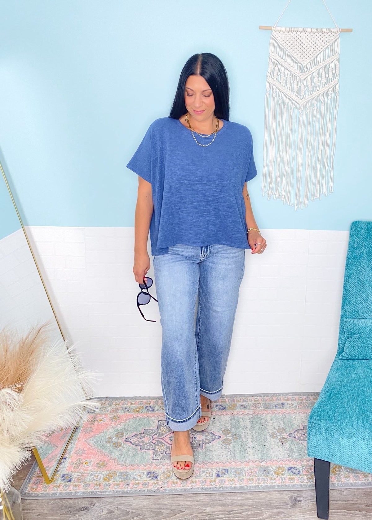 'Dani' Dusty Blue Textured Slouchy Top - Cali Moon Boutique