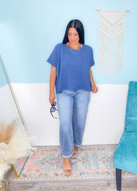 'Dani' Dusty Blue Textured Slouchy Top - Cali Moon Boutique