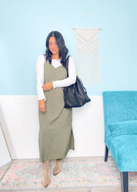 'Gina' Light Olive Ruched Front Midi Dress