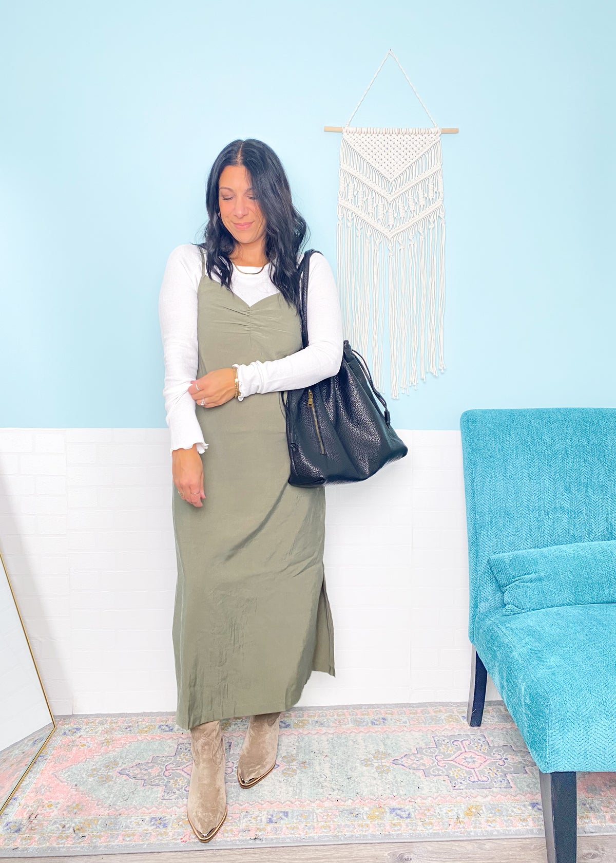 'Gina' Light Olive Ruched Front Midi Dress