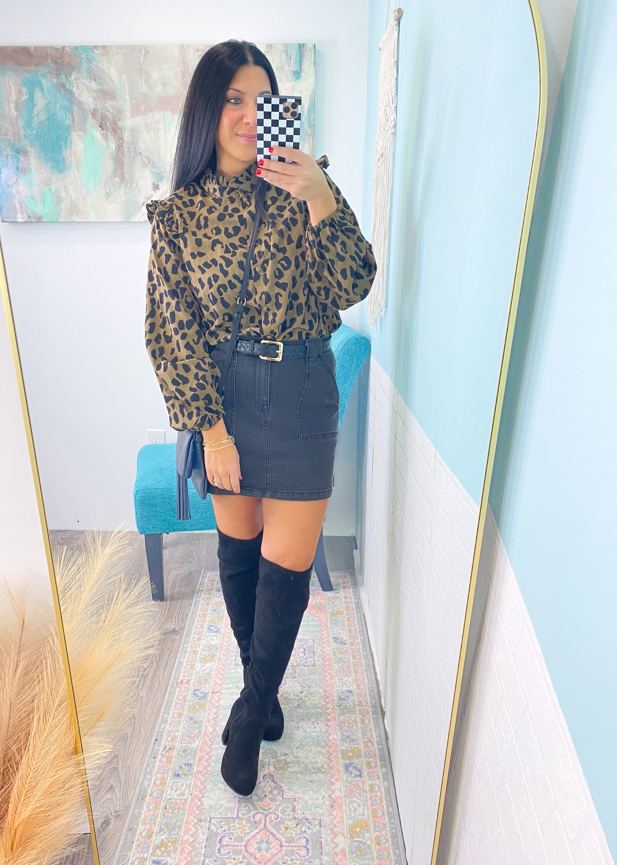 'Wildcat' Ruffle Trim Leopard Print Top-This leopard top is so versatile &amp; can be styled for work &amp; nights out! Wear fully buttoned to show off the ruffle detail or wear unbuttoned under a blazer/sweater for a pop of print. Pairs well with all shades of denim and all neutral colored bottoms.-Cali Moon Boutique, Plainville Connecticut