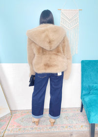 'Downtown Darling' Taupe Hooded Faux Fur Coat