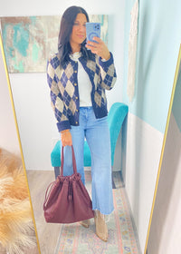 'The Ivy' Navy and Taupe Argyle Sweater Cardigan