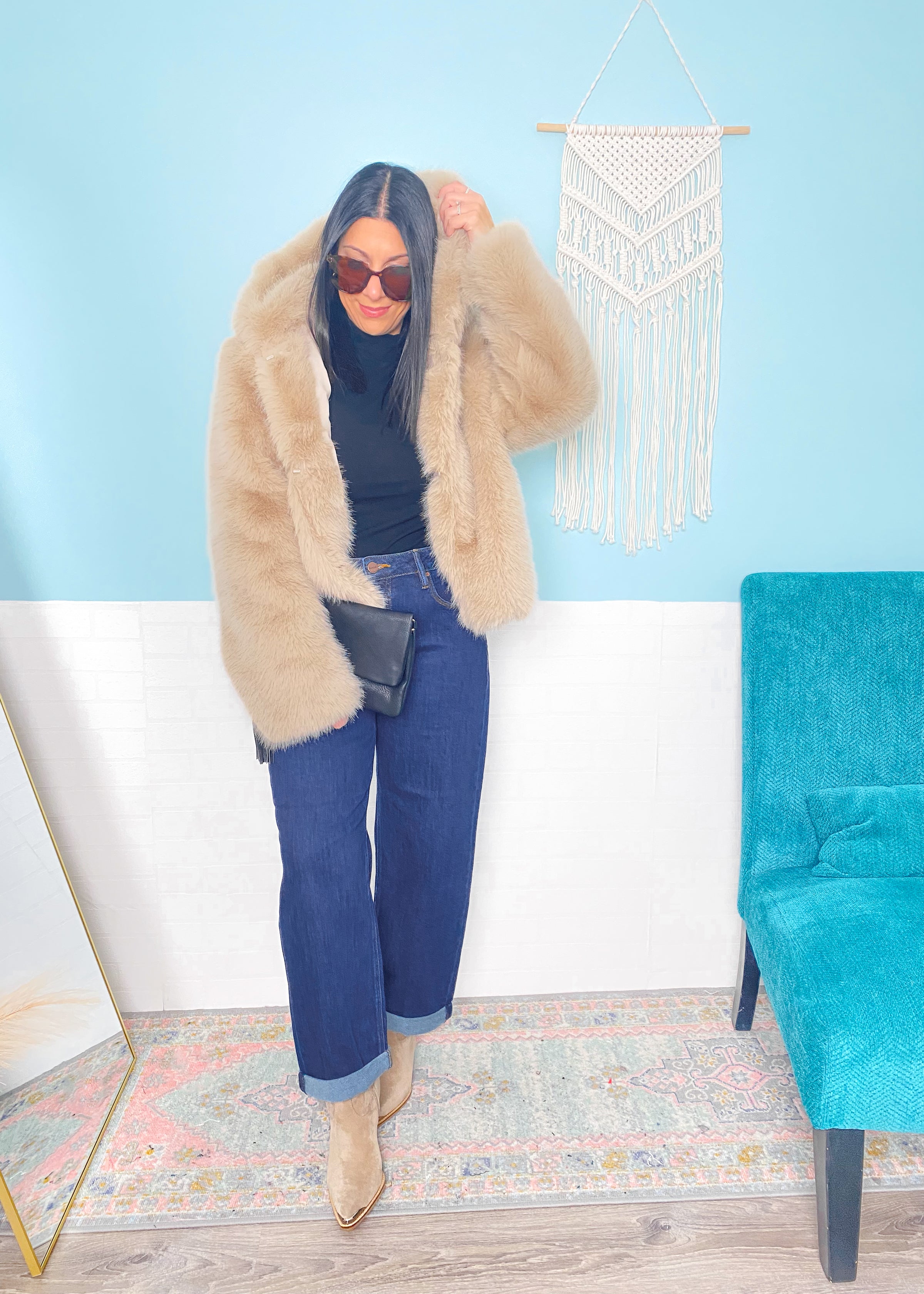 'Downtown Darling' Taupe Hooded Faux Fur Coat