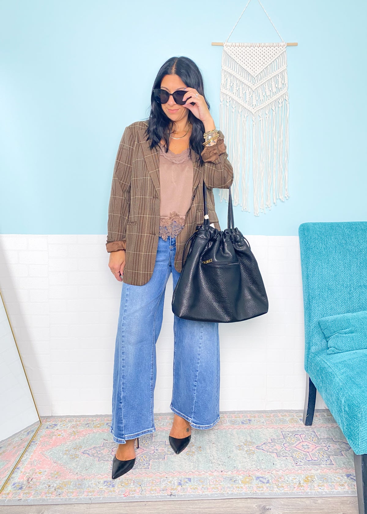 'The Power Play' Brown Plaid Oversized Boyfriend Fit Blazer