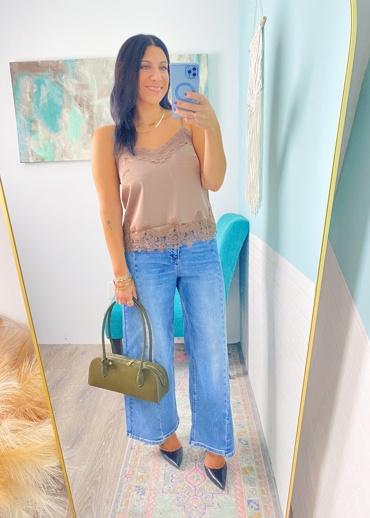 Olive Faux Suede Baguette Shoulder Bag