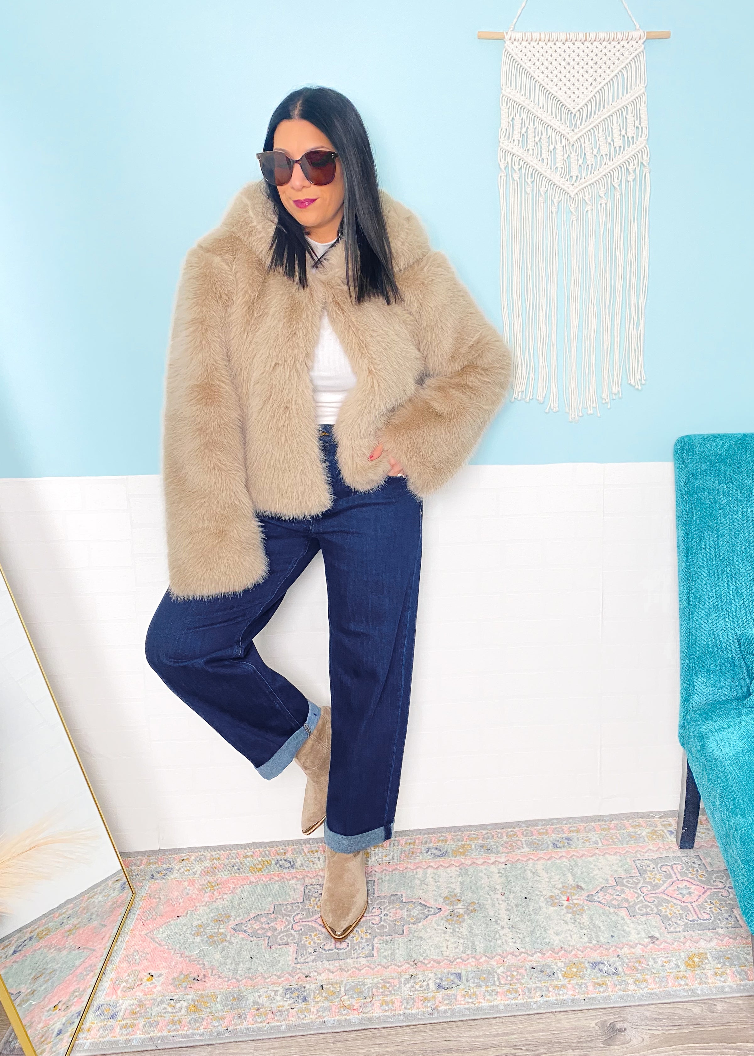 'Downtown Darling' Taupe Hooded Faux Fur Coat