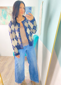 'The Ivy' Navy and Taupe Argyle Sweater Cardigan