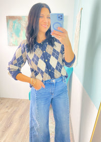 'The Ivy' Navy and Taupe Argyle Sweater Cardigan