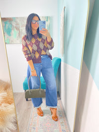 'The Ivy' Burgundy and Taupe Argyle Sweater Cardigan