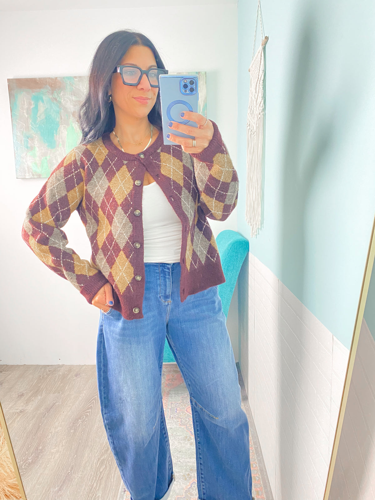 'The Ivy' Burgundy and Taupe Argyle Sweater Cardigan
