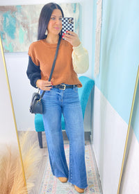 'Sugar & Spice' Rich Color Colorblock Sweater-A colorblock sweater with the perfect combination of rich, cozy colors creating an all in one Fall vibe. Perfect for a super casual day worn with sneakers or a night out styled with jeans/boots.&nbsp;-Cali Moon Boutique, Plainville Connecticut