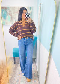 'Half Baked' Mocha & Camel Stripe Polo Sweater-Not like the other sweaters! This sweater features a classic New England style polo style collared notch neck design with varsity stripe trims &amp; a classic stripe body all in a soft sweater fabric.-Cali Moon Boutique, Plainville Connecticut