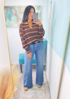 'Half Baked' Mocha & Camel Stripe Polo Sweater-Not like the other sweaters! This sweater features a classic New England style polo style collared notch neck design with varsity stripe trims &amp; a classic stripe body all in a soft sweater fabric.-Cali Moon Boutique, Plainville Connecticut