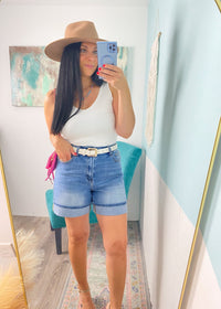 'New Heights' Super High Waist Stretch Cuffed Jean Shorts - Cali Moon Boutique