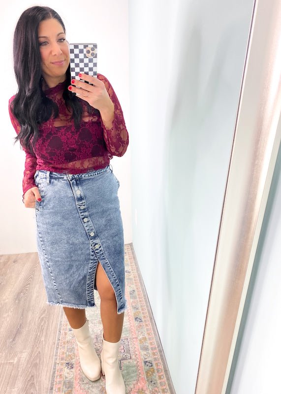 'Delicate Love' Deep Burgundy Ruffle Trim Sheer Lace Top - Cali Moon Boutique