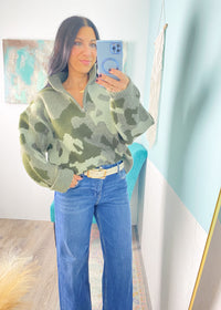 'Weekend Warrior' Camo Print 1/2 Zip Sweater
