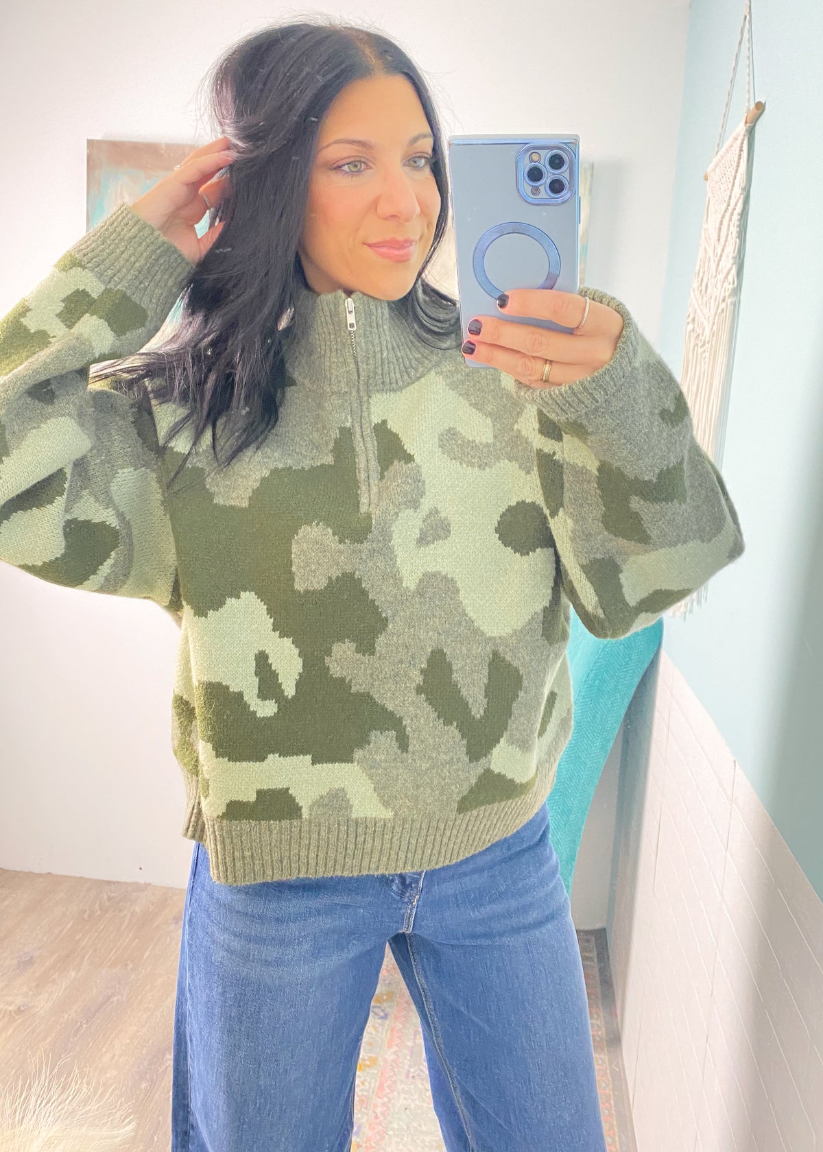 'Weekend Warrior' Camo Print 1/2 Zip Sweater