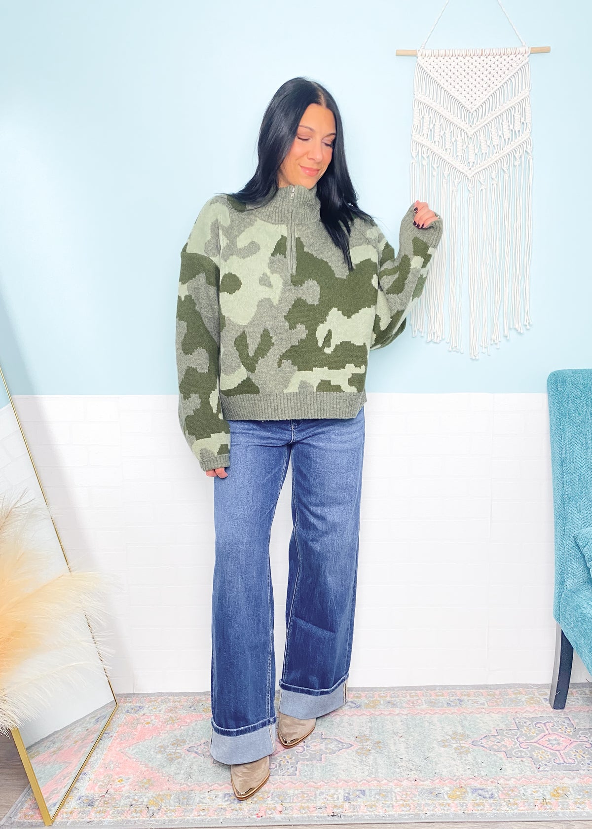 'Weekend Warrior' Camo Print 1/2 Zip Sweater