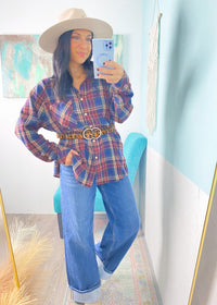 'Plaid to Meet You' Navy + Burgundy Plaid Oversized Shirt