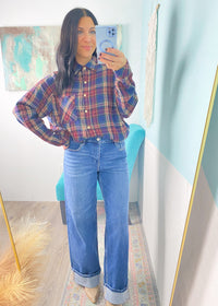'Plaid to Meet You' Navy + Burgundy Plaid Oversized Shirt