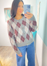 'The Ivy' Gray and Burgundy Argyle Sweater Cardigan