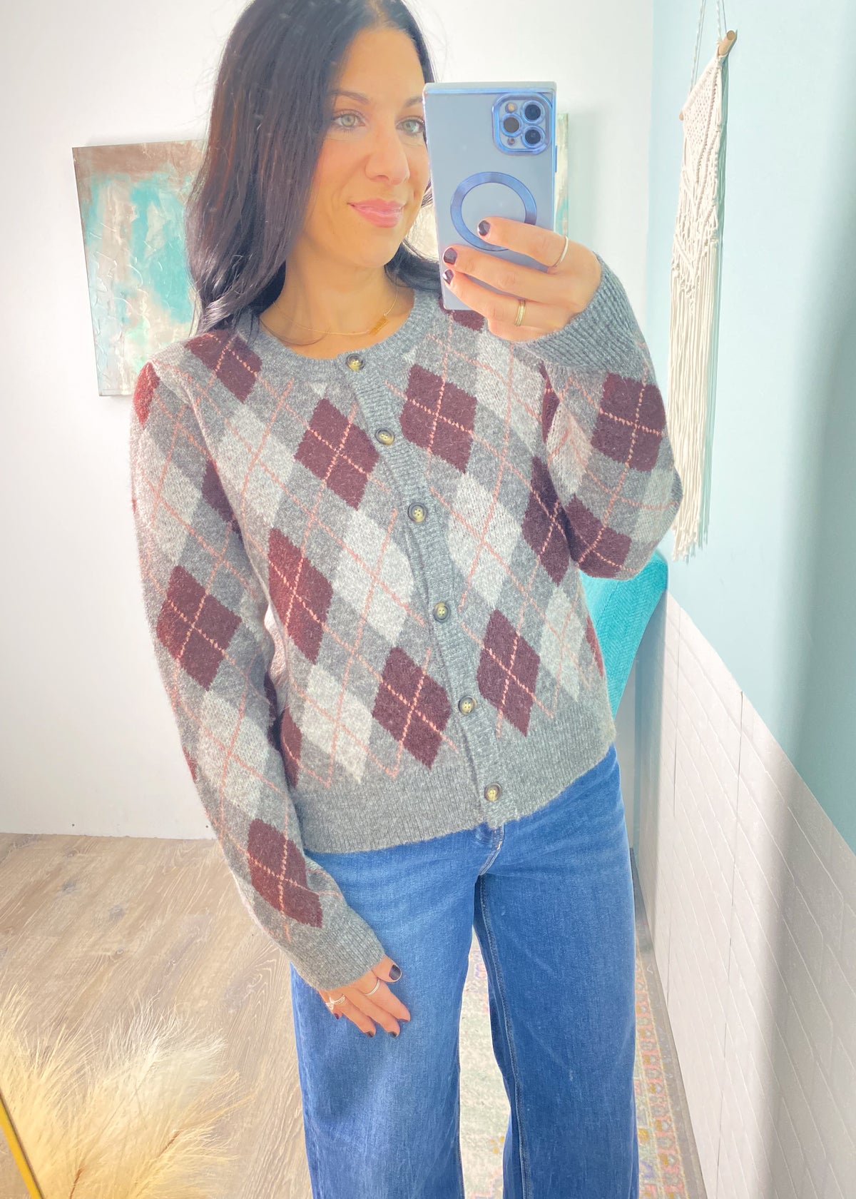 'The Ivy' Gray and Burgundy Argyle Sweater Cardigan