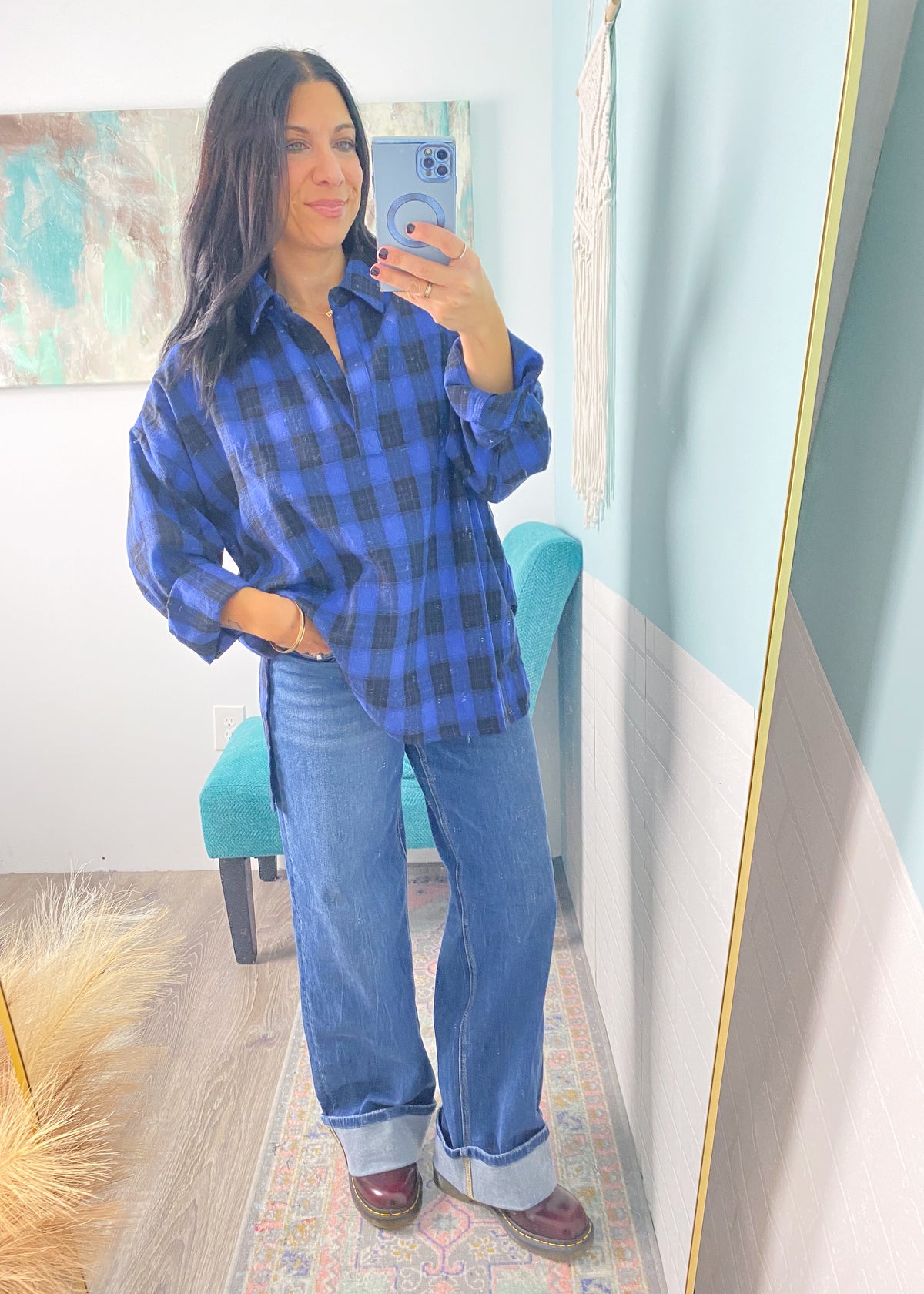 'Got the Blues' Cobalt + Black Oversized Plaid Shirt