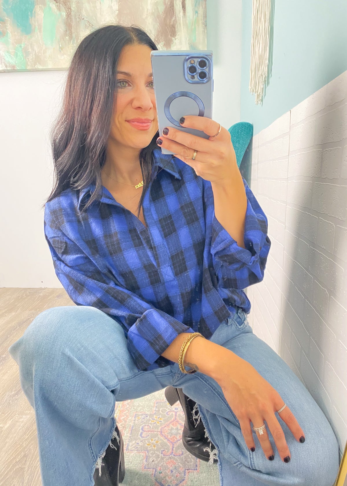 'Got the Blues' Cobalt + Black Oversized Plaid Shirt