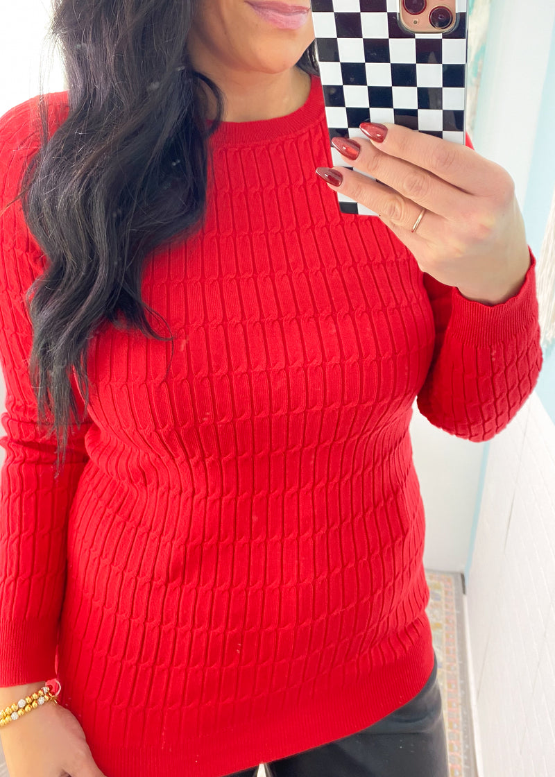 'Prime Time' Red Cable Knit Fitted Sweater-A classic cable knit sweater in a fitted silhouette that can be styled so many ways. The stunning red color is perfect for winter &amp; the holidays. Wear this as a layer under your fav jackets or wear it alone making its own statement! Option to style it dressed up or super casual.-Cali Moon Boutique, Plainville Connecticut