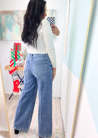 'Marcie' Risen Medium Wash Pintuck Seam High Waist Trouser Style Jeans-Pintuck seam details are trending right now and these jeans combine an elevated look with oh so much comfort and stretch! -Cali Moon Boutique, Plainville Connecticut