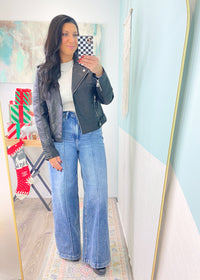 'Marcie' Risen Medium Wash Pintuck Seam High Waist Trouser Style Jeans-Pintuck seam details are trending right now and these jeans combine an elevated look with oh so much comfort and stretch! -Cali Moon Boutique, Plainville Connecticut