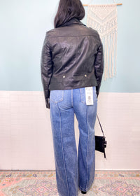 'Grease Lightening' Black Faux Leather Moto Jacket-A classic faux leather jacket with amazing textured details. A jacket that will never go out of style made from high quality faux leather. Add a little edge to your outfits!-Cali Moon Boutique, Plainville Connecticut