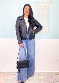 'Grease Lightening' Black Faux Leather Moto Jacket-A classic faux leather jacket with amazing textured details. A jacket that will never go out of style made from high quality faux leather. Add a little edge to your outfits!-Cali Moon Boutique, Plainville Connecticut